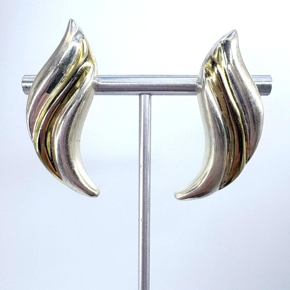 Modernist Wave Design Dangle Earrings Two Tone 925 Sterling Silver 1.75" Length